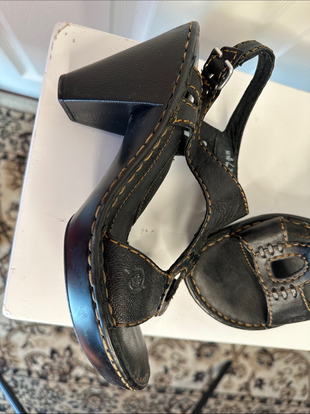 Born Black Leather Women’s Heeled Sandals with Contrast Stitching